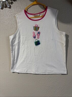 Bechamel White Tank Top with Pink Trim and Colorful Beach Motifs